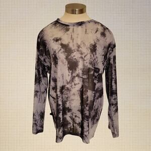 Sheer Tie Dye Mesh Long Sleeve Top Black Gray Stretchy Layering L XL